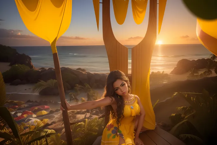 mulher em um vestido amarelo sentado em uma cadeira de metal gigante, usando um vestido havaiano, Moana, Ilha Grande, posando em waikiki, Obra-prima maravilhosa, com tridente e coroa, pose divertida, posando de rainha, sentado no intrincado trono, polynesi...