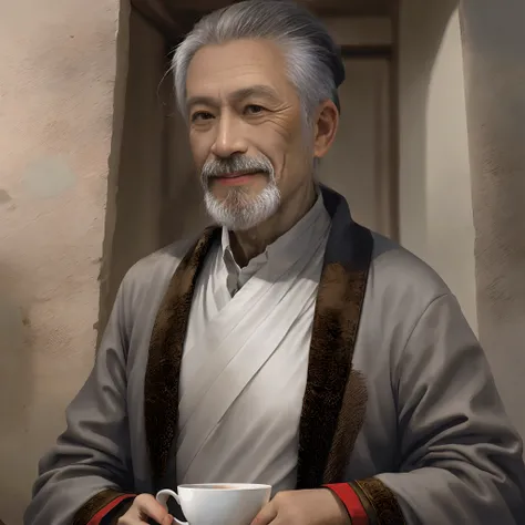 A gray-haired twilight old man，A kind smile，With a beard，Teacup in hand，asian man，realisticlying，Ancient general hairstyle，Ancient literati，Face the lens，Three View，orthofacial，Front view，photorealestic，National style virtual human，Smooth skin