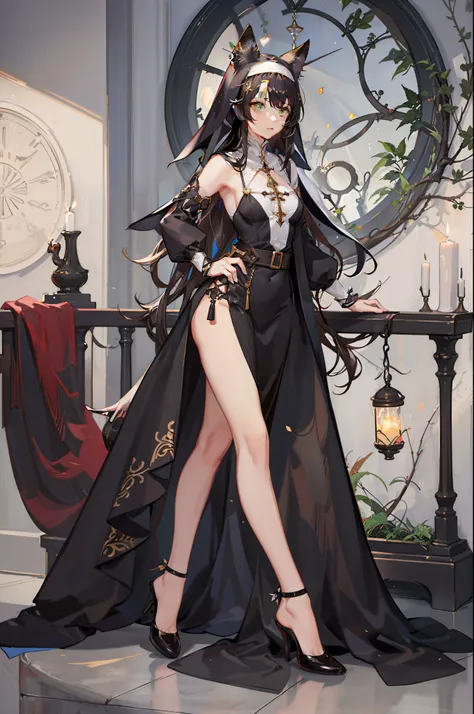 one woman, fox ears, fox tail, nun dress, dark brown hair, green eyes, big ass, small chest, nun habit, full body, mature lady, loincloth, sexy, masterpiece, good hands, good fingers, good legs, good feet,