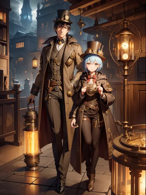 Steam Science、Steampunk-inspired happi coat、Countless gear and watch decorations、1 pretty woman、Priestess uniform with steampunk arrangement、short-cut、light、shrines、Countless pipes and gears、Steampunk-style cityscape、Overflowing steam、Nixie Tube Clock、