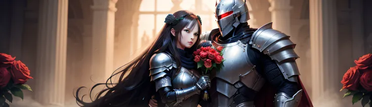 The armored knight holds a rose，Mighty and romantic。