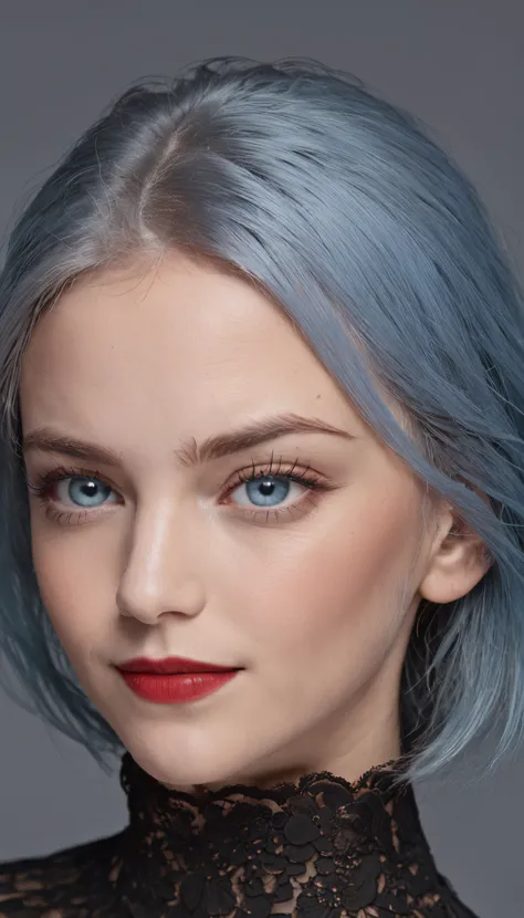 Close-up photo of woman with light blue hair, Strong blue eyes，com um brilho intenso, Thick and dark eyebrows, A well-made face, and lips with red lipstick. She wore a black wool shirt. The environment is a photography studio，Has a perfect black background...