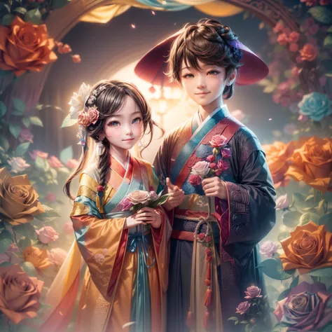 Rainbow Colors theme,(1 girl and 1 boy,Wear Hanfu,Smile,Hand in hand,Masterpiece rose）, (illustration:1.2,paper art:1.2, zentangle:1.2, geomerty:1.2,a 3D render),(Best quality, high detal, Masterpiece,  Cinematic lighting, 4K, Chiaroscuro)