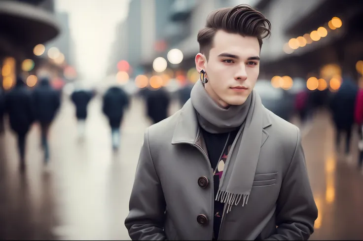 photo of a young man, jacket, ear studs, gray scarf, sweater, short windswept light brown hair, fit, beautiful, (effeminate), (shaved), eyeliner, standing on the walkway, background is a crowded street, bokeh, rain, humid, overcast, artificial lights, deta...