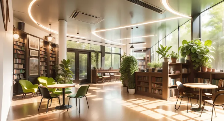 A corner of a coffee shop，The light is low，Very dark green chairs and black brown table，Lots of bookshelves，There are all kinds of books，Pleasant and comfortable environment，It is decorated with greenery，Its like being in the forest