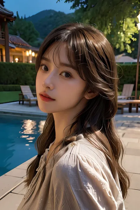 (frombelow:1.4)、((1girl in)),Light Brown Fringe Hair、Braided hair、disheveled hair、Light brown eyes、(dignified expression)、(爆乳:1.4)、Emphasize the valley、Night Pool、(Photorealsitic)、(intricate detailes:1.2)、(​masterpiece、:1.3)、(top-quality:1.4)、(超A high reso...