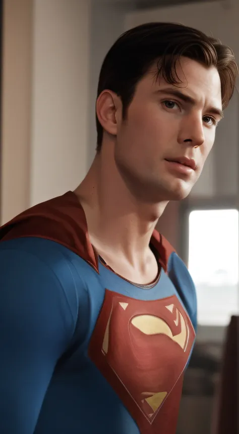 close-up, man, chris evans, (wearing a classic superman suit)