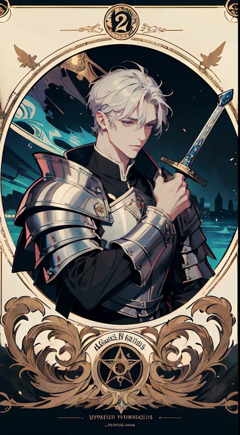 (absurdres, highres, ultra detailed), 1 male, adult, handsome, tall muscular guy, broad shoulders, finely detailed eyes and detailed face, the knights tarot, royal knight, full body silver armor, sword, Symbolism, Visual art, Occult, Universal, Vision cast...