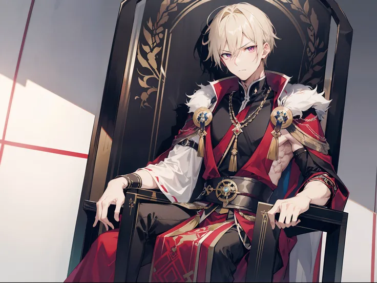 Generate an image of a badass male named Zen, he has spiky blonde hair, purple eyes, and wears a detailed royal attire, wearing a slanted crown. He wore an armband with a dragon on it, he sitting in the throne.