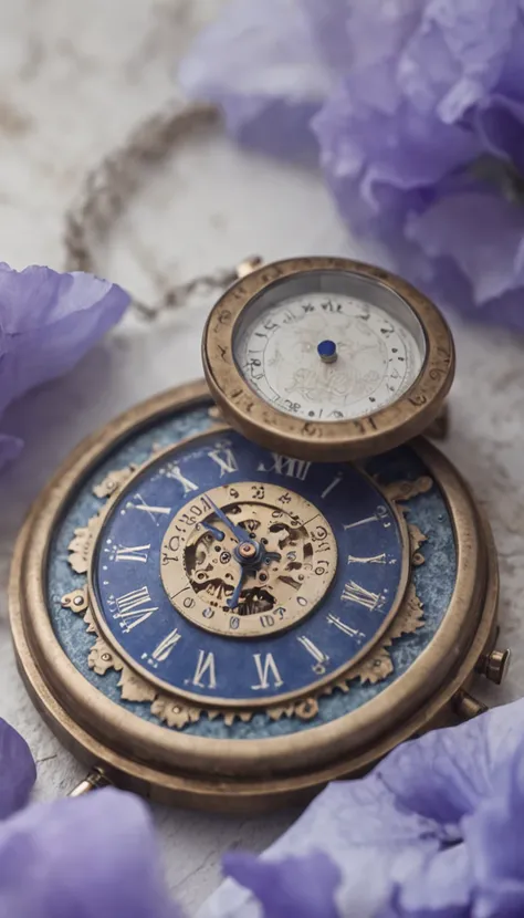 Western vintage dial，There is texture，The overall color is blue，The perimeter of the dial is wrapped with flowers，Its Iris，Very romantic，And the top of the dial should have a logo called "OOPS"，Background: None，The overall color is blue-purple，Anime，Waterc...