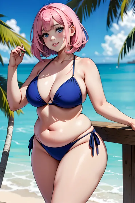 (tmasterpiece:1.4)、(premier quality:1.4)、 1fille dans, Bikini, a la plage  seulement , Cheveux courts , frange,Realstic,(peau brillante),pink lips, anime character, Anime Moe Artstyle, , mignon anime fille, yeux bleus, elle a faim, elle se goinfre, elle va...