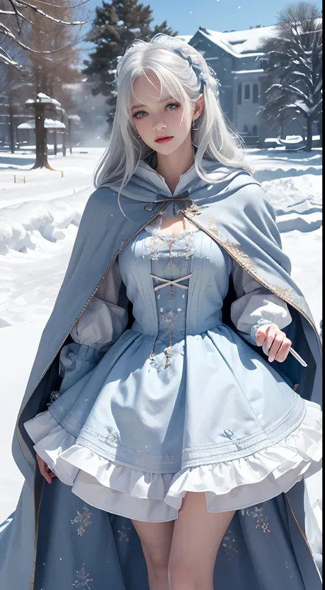 Photorealistic, high resolution, 1 Women, Solo, (Lolita costume)，Gorgeous costumes，Face the audience，The upper part of the body，upper legs， beautidful eyes, White hair, ringed eyes, (outside，Heavy snowfall，Cloak，Cover with snow)，snowfield，Blue eyes，Illustr...