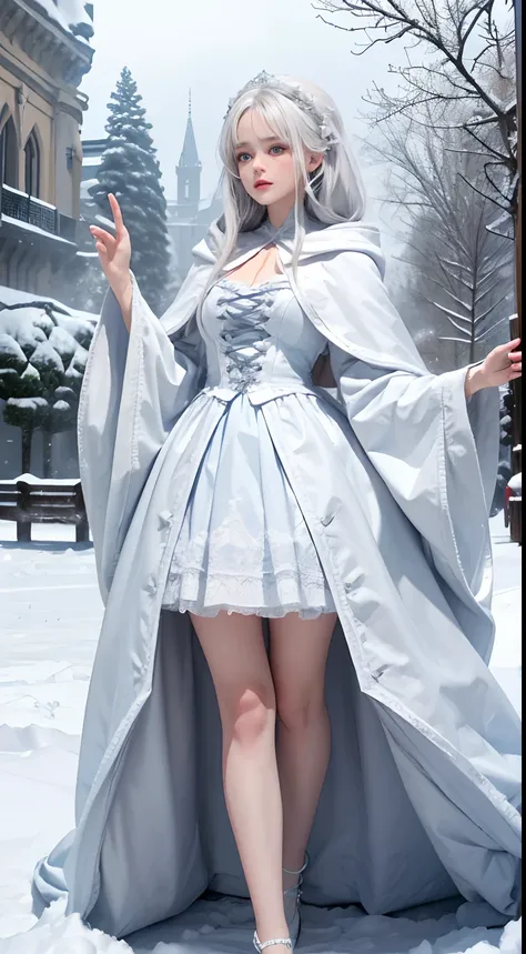 Photorealistic, high resolution, 1 Women, Solo, (Lolita costume)，Gorgeous costumes，Face the audience，The upper part of the body，upper legs， beautidful eyes, White hair, ringed eyes, (outside，Heavy snowfall，Cloak，Cover with snow)，snowfield