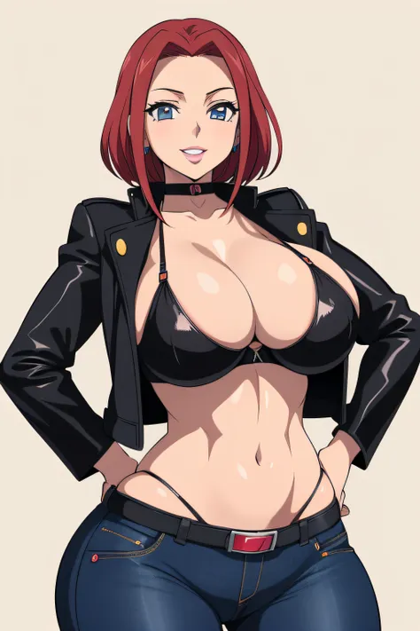 code geass, kallen stadfeldt 1girl, (((bimbo))), short red hair, ear rings, puffy lips, painted lips, thick lips, wide hips, thi...