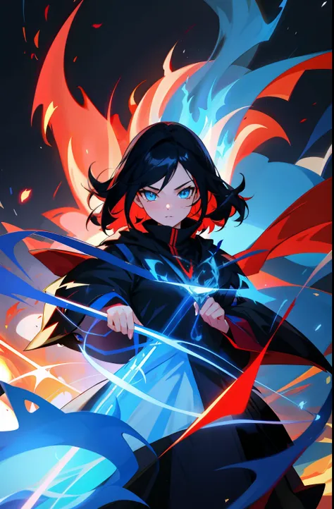 Black color hair，teens girl，blue color eyes，The wizard is self-designed，Surrounded by red flames，white skinned