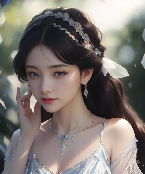 Best quality、tmasterpiece、A high resolution、1 Lady、purpleeyes，Porcelain dress、Delicate braided hair，Delicate hair accessories、Fine Necklace、detailed jewellery、pretty  face、Physically、Tyndall effect、realisticlying、Shadow Studio、edge lit、bicolor lighting、（hi...