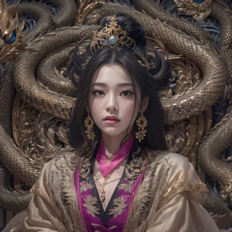 16k（tmasterpiece，k hd，hyper HD，16k）Long flowing black hair，Jewelry quarter in the back room，Brunette King ，Dragon Protector （realisticlying：1.4），Python pattern robe，Purple-pink tiara，Snowflakes fluttering，The background is pure，Hold your head high，Be proud...