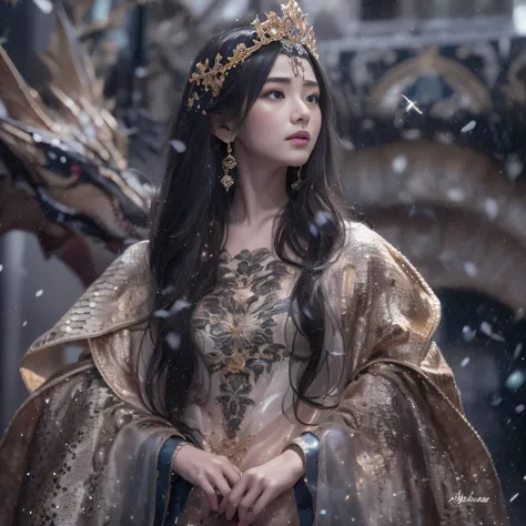 32k（tmasterpiece，k hd，hyper HD，32）Long flowing black hair，Jewelry quarter in the back room，Brunette King ，Dragon Protector （realisticlying：1.4），Python pattern robe，Purple-pink tiara，Snowflakes fluttering，The background is pure，Hold your head high，Be proud，...