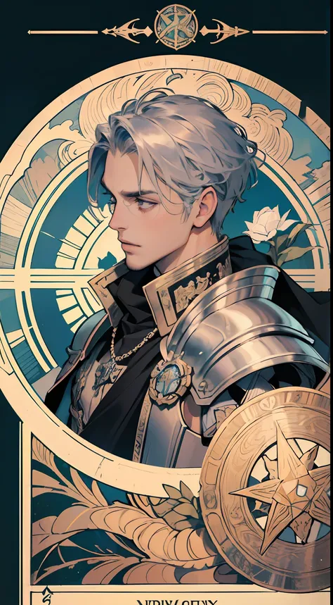 (absurdres, highres, ultra detailed), 1 male, adult, handsome, tall muscular guy, broad shoulders, finely detailed eyes and detailed face, the knights tarot, royal knight, silver armor, sword, Symbolism, Visual art, Occult, Universal, Vision casting, Philo...