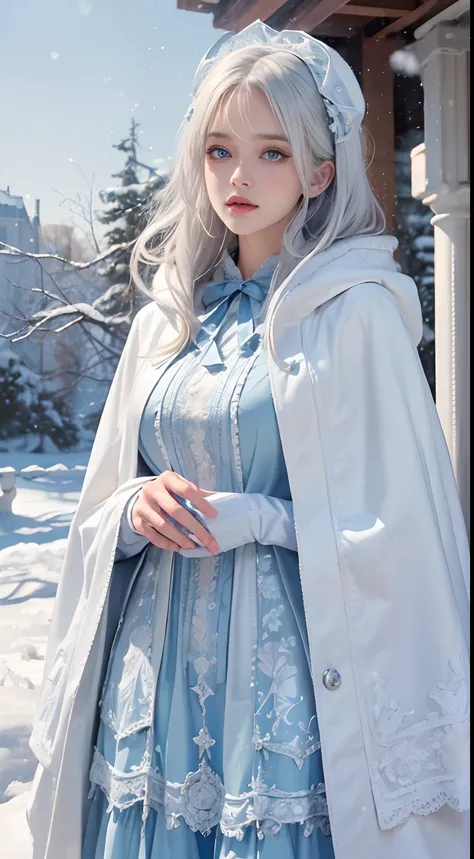 Photorealistic, high resolution, 1 Women, Solo, (Lolita costume)，Gorgeous costumes，Face the audience，The upper part of the body，upper legs， beautidful eyes, White hair, ringed eyes, (outside，Heavy snowfall，Cloak，Cover with snow)，snowfield，Blue eyes，Illustr...