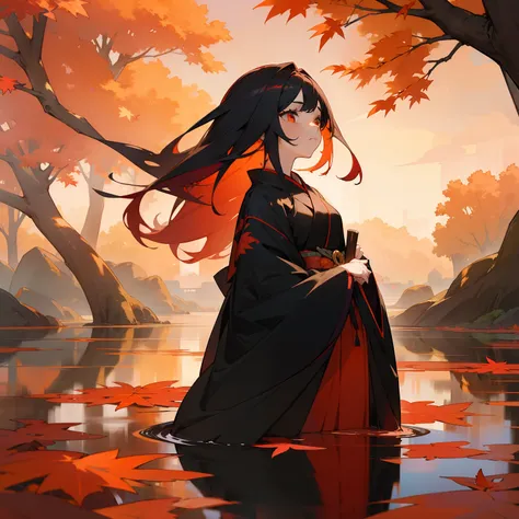 (Beautifully Aesthetic:1.2)、(1girl in:1.3)、(Colorful black and vermilion hair:1.2)、Eau、natta、colourfull、Beautiful sunset、Fantastical、Large tree with autumn leaves、Lots of autumn leaves、Japanese dress、sad Facial expression、