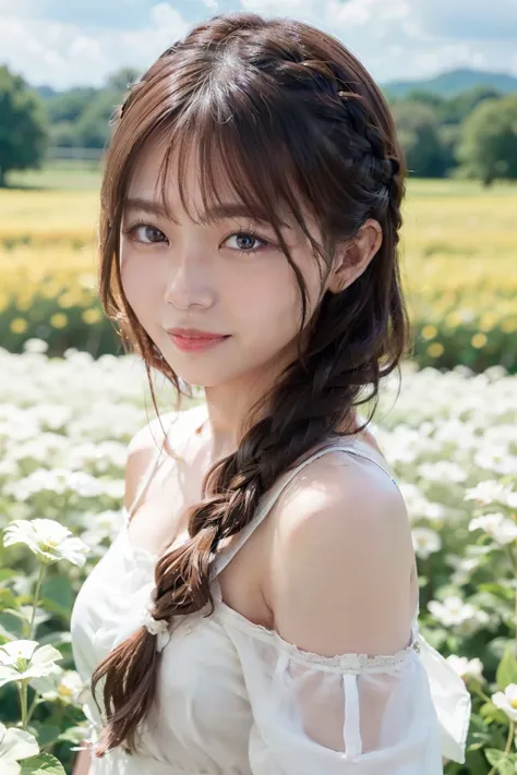 top-quality、​masterpiece、超A high resolution、(Photorealsitic:1.4)、Raw photo、女の子1人、robe blanche、off shoulders、flower  field、glistning skin、Light smile、Braided hair、Floating hair