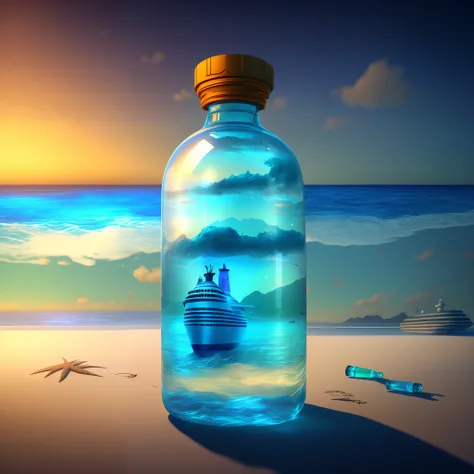 There was a bottle on the beach，Inside there is a model cruise ship, Packed in bottles, surreal 3 d render, Glass bottle, in the style of Cyril Rolando, inspired by Chris LaBrooy, dreamscape in a jar, depicted as a 3 d render, Lightning in a bottle, surrea...