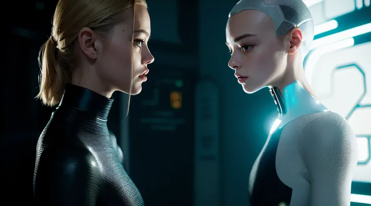 um close up de uma pessoa em um terno futurista olhando para outra pessoa, Elle Fanning como um androide, Ainda do filme Ex Machina, they share one head. cinemactic, she half human and half robot, humanoid robot from ex machina, Sci - Science Fiction Movie...