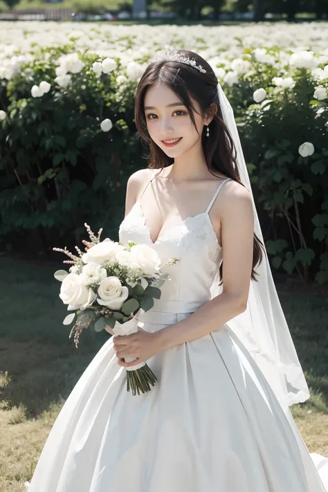 1girl in, white wedding dress, Bare shoulders, blooming flower field, lightsmile