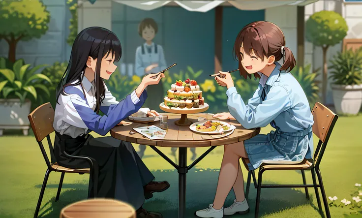 There are two people sitting at a table，Food was placed on the table, Al fresco dining, Happy moments, illustration, a cartoon illustration, with blue sky and white clouds, Moments of joy, Pick-up, Scene from Movie, still frame from a movie