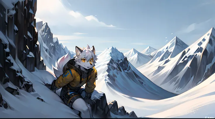 snow mountains,Climbers,furry,White hair,yellow-eyed,Storm jacket