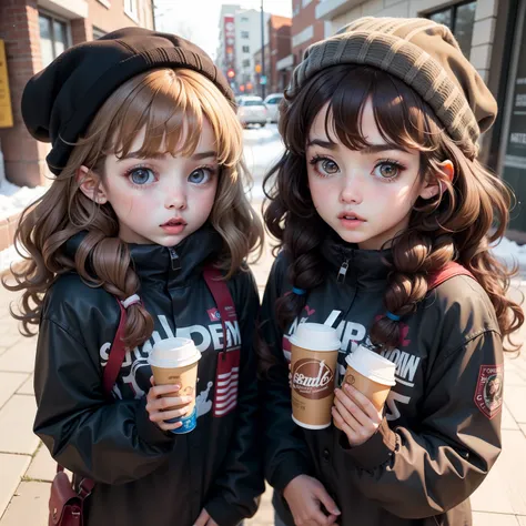 Two girls, twins, curly brown hair, in cold clothes, shocking a lot
 INFO