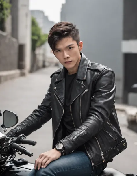 Short hair, handsome boy, sunny, handsome and dashing, on the street there is a man sitting on a motorcycle, sitting on a motorcycle, motorcyclist, shot on Nikon D 3 2 0 0, riding a motorcycle, portrait shooting 8 K, Akira Moto, motorcycle, inspired by Liu...