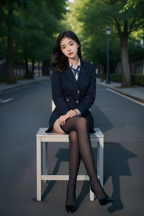 Best quality, full body portrait, delicate face, pretty face, 16 year old woman, slim figure, large bust, OL uniform, office clothes, navy blue stockings, no shoes, outdoor scene, sitting position