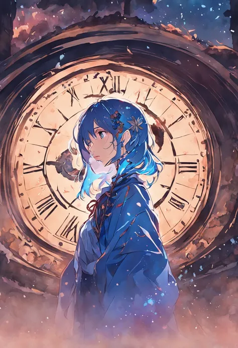 Western vintage dial，There is texture，The overall color is blue，The perimeter of the dial is wrapped in flowers，Its Iris，Very romantic，Background: The overall color is blue-purple，anime big breast，Watercolor painting，illustration