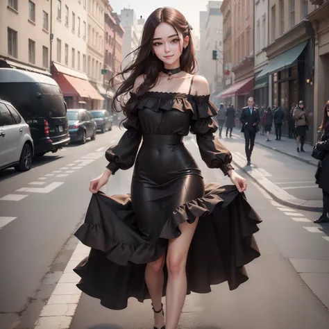 ((Best quality, 8k, Masterpiece :1.3)), 1girl, smiling, full body, slim face, Pretty woman, (Dark brown hair), full length dress :1.1, Ultra-detailed face, Detailed eyes, Double eyelid, blur background, slim face, city, outside, street,