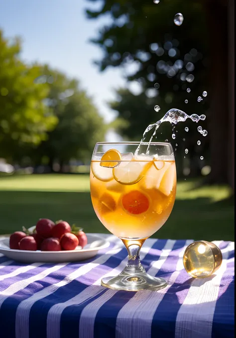 A glass with drops of water filled with carbonated drinks, translucent liquid, ice cubes, bubbles, a floral crown of daisies and lavender on picnic tablecloths, midday outdoor lighting, open air, natural background, summer day, hot weather, high detail, ve...