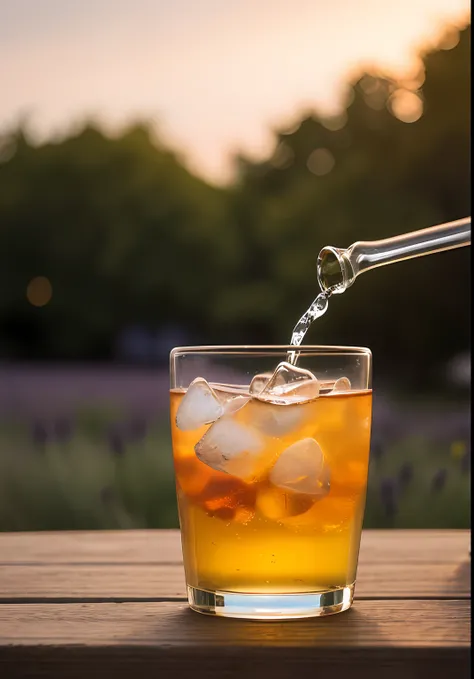 A glass with drops of water filled with carbonated drinks, translucent liquid, ice cubes, bubbles, a floral crown of daisies and lavender on picnic tablecloths, midday outdoor lighting, open air, natural background, summer day, hot weather, high detail, ve...