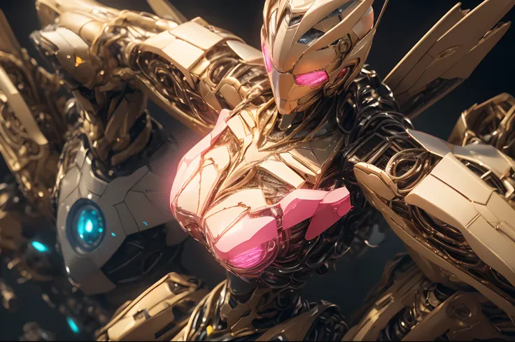 1girll， cinematic lighting， pink mech， honey mecha，metallic glossy robot articulated thin metal wings，the mech lines are perfect...