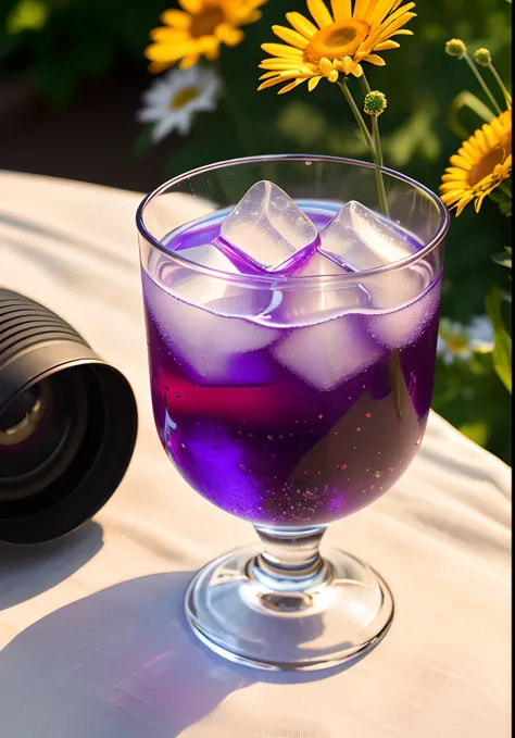 A glass with drops of water filled with carbonated drinks, translucent liquid, ice cubes, bubbles, a floral crown of daisies and lavender on picnic tablecloths, midday outdoor lighting, open air, natural background, summer day, hot weather, high detail, ve...