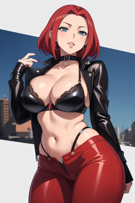 Code Geass, Kallen Stadfeldt 1girl, (((bimbo))), short red hair, ear rings, puffy lips, painted lips, thick lips, wide hips, thick thighs, big breast, huge ass, revealing cleavage, erotic, Smile face, bubble butt, camel toe, Breasts, black leather jacket, ...