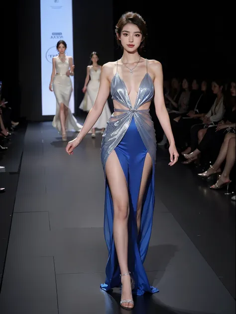 8K Ultra Clear，Beautiful model walking on the catwalk，Perform modeling steps。Wear stylish dresses，Long blue dress，Court-style princess dress，The skirt covers the legs，The hem of the long skirt is close to the floor，The style is a fashion week haute couture...