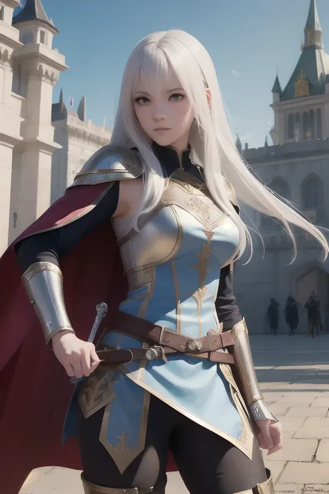 full body view of young female with sword and cape holding sword in hand, In front of the gate of the royal castle, official character art, young female, pretty female cleric, fus rei, cushart krenz key art feminine, female cleric, she is holding a sword, ...