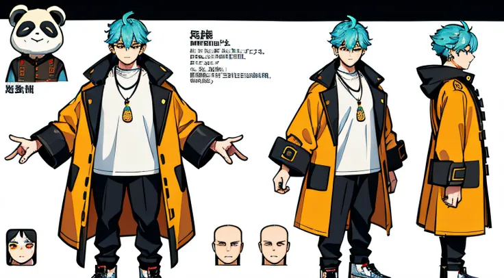 (Masterpiece, best quality) detailed, character sheet, many items (the same person, ananas necklace, ananas earrings, coat with panda pattern, panda ears on clothes, streetwear clothes, elegant, many parts), male!!, adult, man!!, 1boy, turquoise hair, curl...