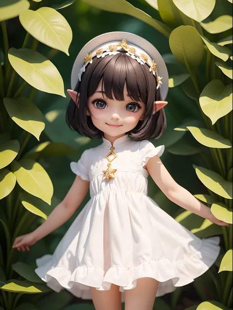 1 little girls, short hair black color, elf ear, white dress, smiling for you