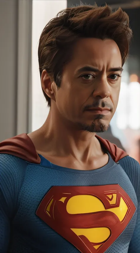 close-up, man (40yo, robert downey jr, wearing a classic superman suit)