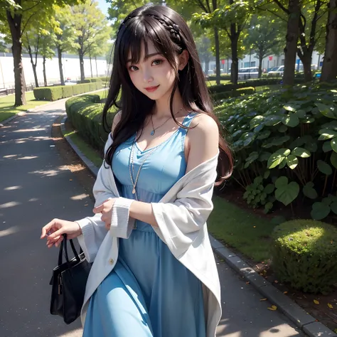 (Front focus)、(dark: 1.6)、White cardigan、Blue dress、Thighs are visible、Walking in the park、Poplar trees on both sides、Holding a cute little bag at an angle、Hands behind your back、Dynamic Lighting、art  stations、Volume Lighting、extra detailed face、4 K、Award-...