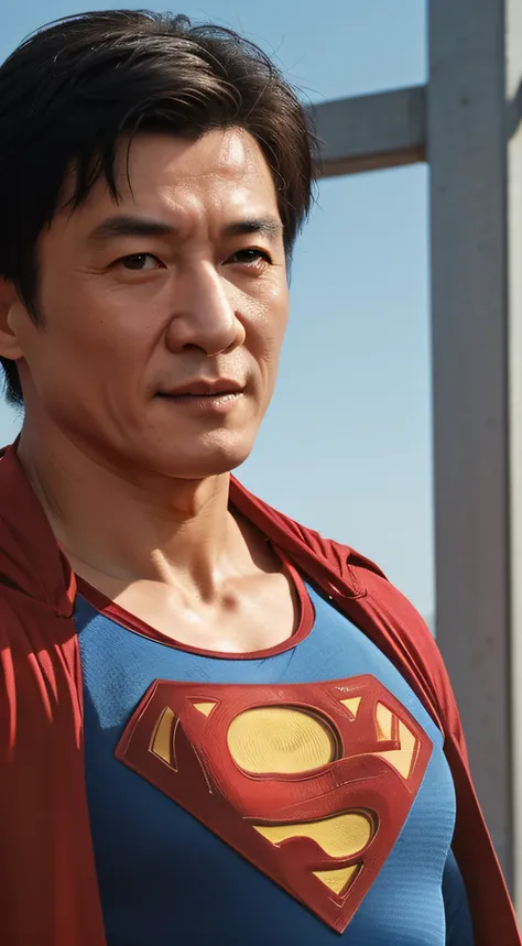 close-up, man (40yo, jackie chan, wearing a classic superman suit)