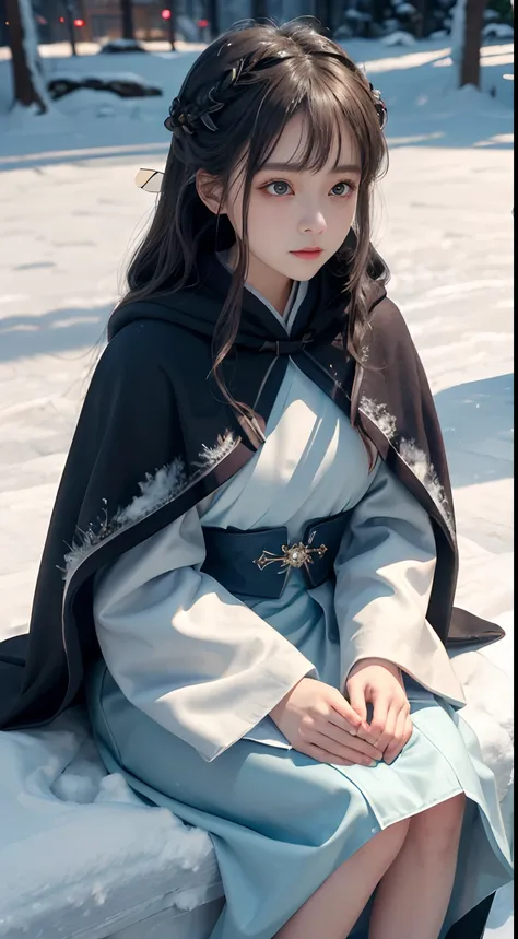 ((Works of masters))，(超高分辨率)，1 girl,Glowing eyes，Tears of sadness， Sitting, Lolita costume，Cloak (Snow, Snow，Outdoor activities in winter:1.2),snowfield，Blue eyes，Illustrations of the highest quality，A meticulous face