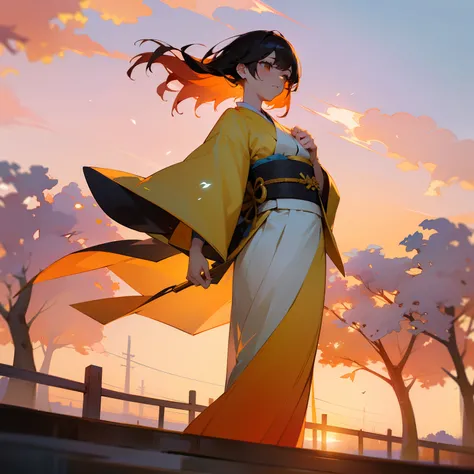 Beautiful and aesthetic sunsets color the sky、One girl stands in that colorful light。Her hair is a colorful combination of black and orange、Its like reflecting the sunset。Behind it is、A large ginkgo tree towers over、Golden ginkgo trees dancing in the wind。...